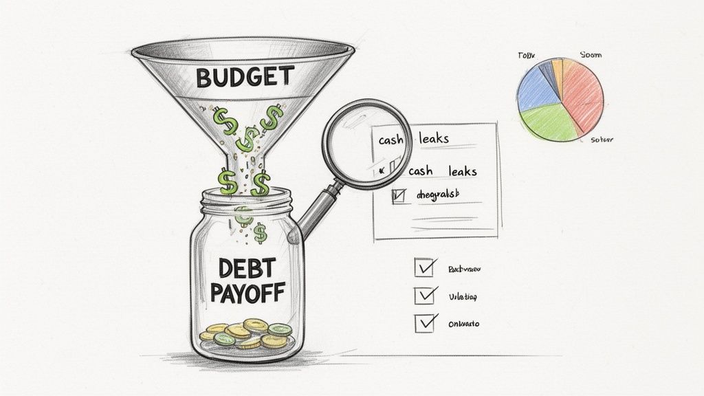 Sketch of a budget funnel directing money into a debt payoff jar, highlighting cash leaks and financial planning.