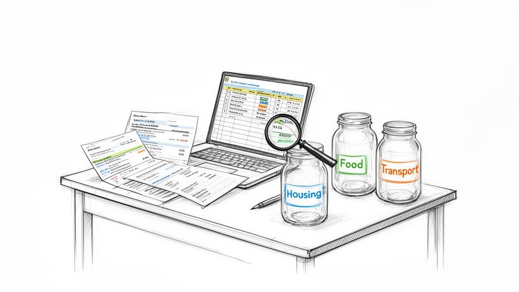 Visualizing monthly expenses with bills, a laptop budget, and categorized savings jars.