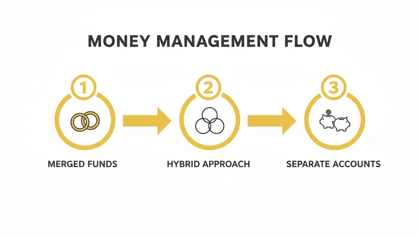 Money management flow diagram showing three approaches: merged funds, hybrid approach, and separate accounts.