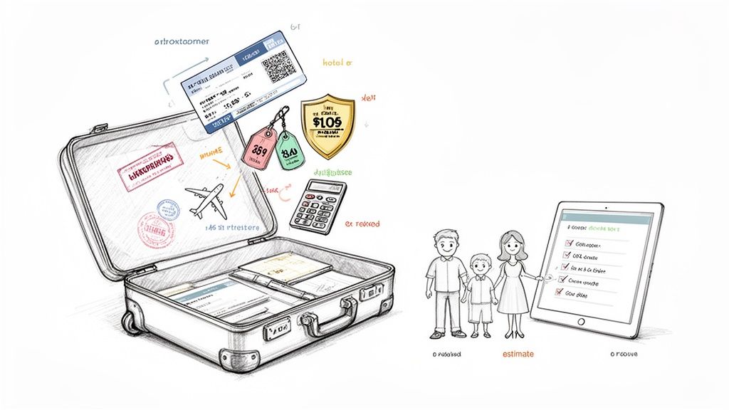 A sketch illustrating family travel planning with a suitcase, ticket, calculator, and budget list.
