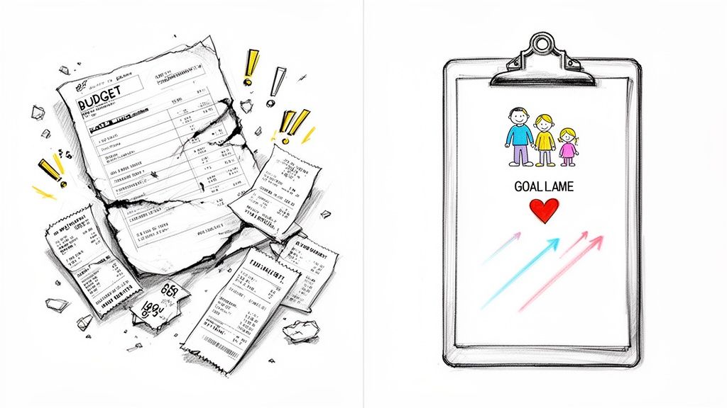 A split image depicting financial struggles with torn budget papers and receipts, contrasted with family goals on a clipboard.