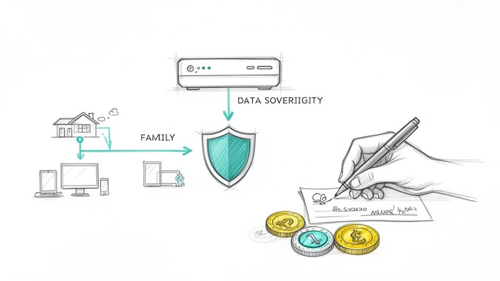A sketch illustrating data sovereignty protecting family information and finances with a server and shield.