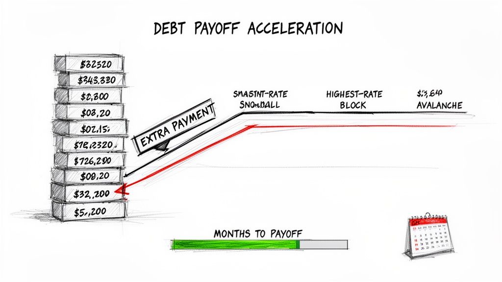 Illustration comparing the debt snowball and avalanche methods for accelerated debt payoff.