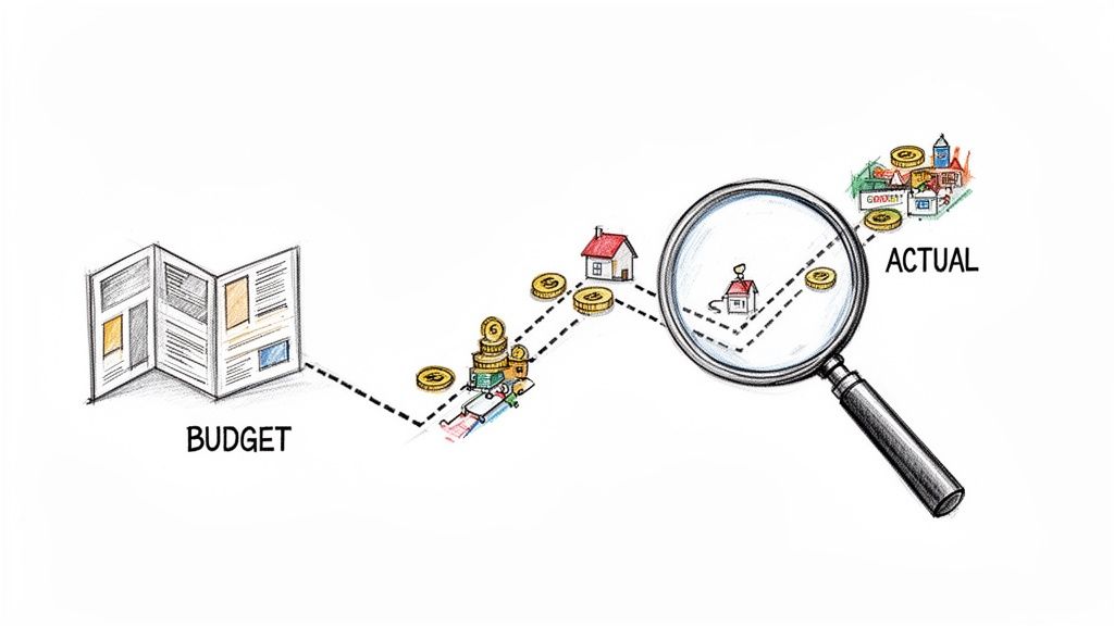 Illustration showing a budget document leading to actual financial outcomes, with houses and coins.