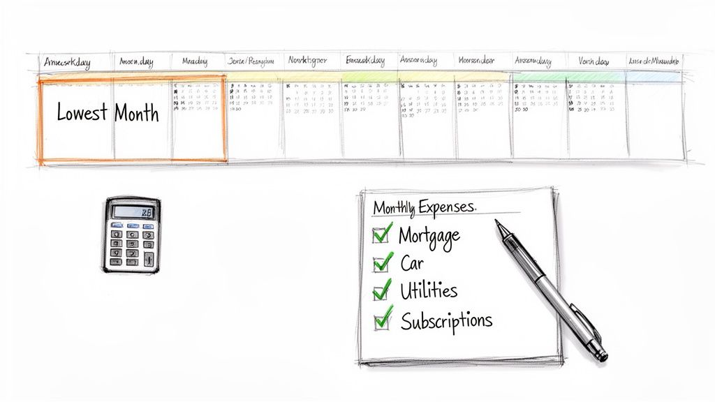 Illustration showing a financial plan with a lowest month, calculator, and checked monthly expenses.