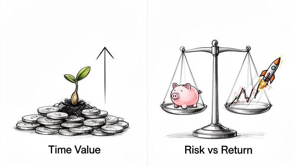 Illustration showing financial concepts: time value of money with a growing plant, and risk versus return with a balance scale.