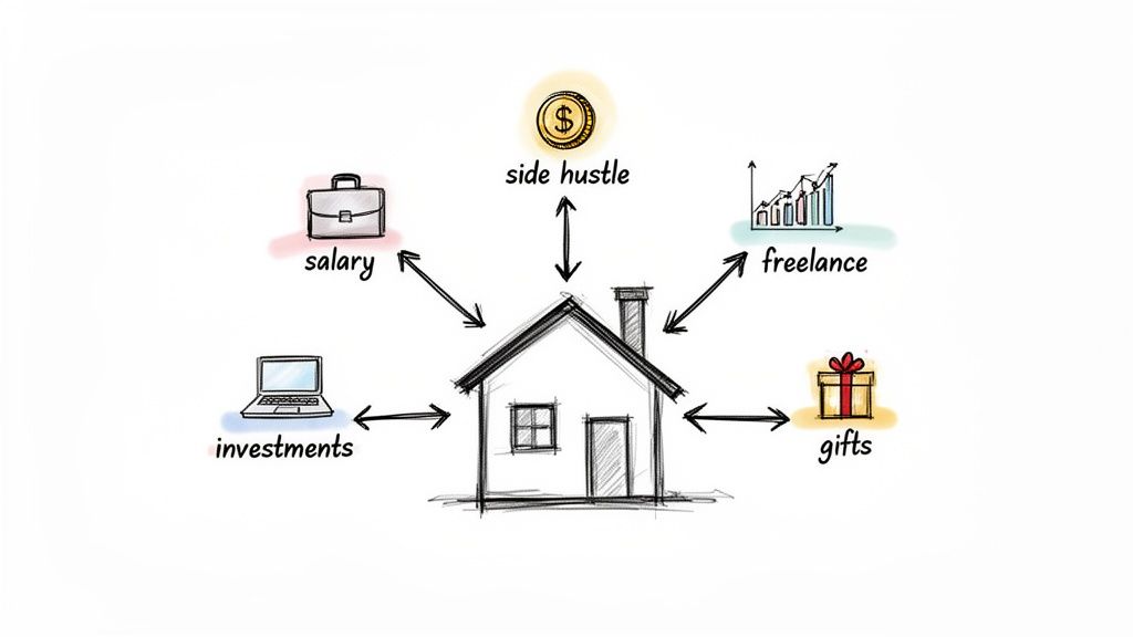 Hand-drawn illustration of a house with arrows depicting various income streams like salary, freelance, and investments.
