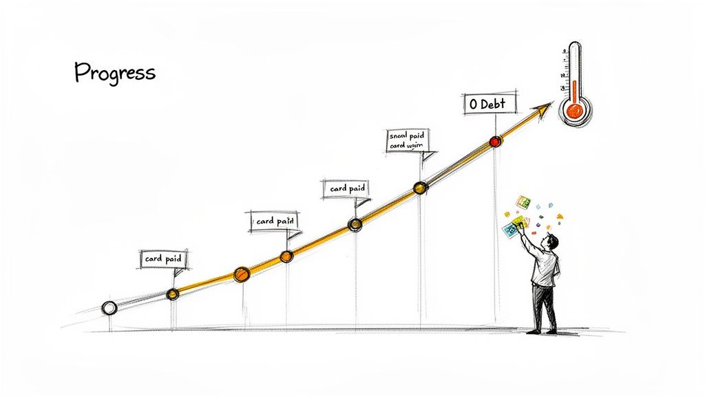 A progress chart illustrating the journey of paying off debt, culminating in zero debt.