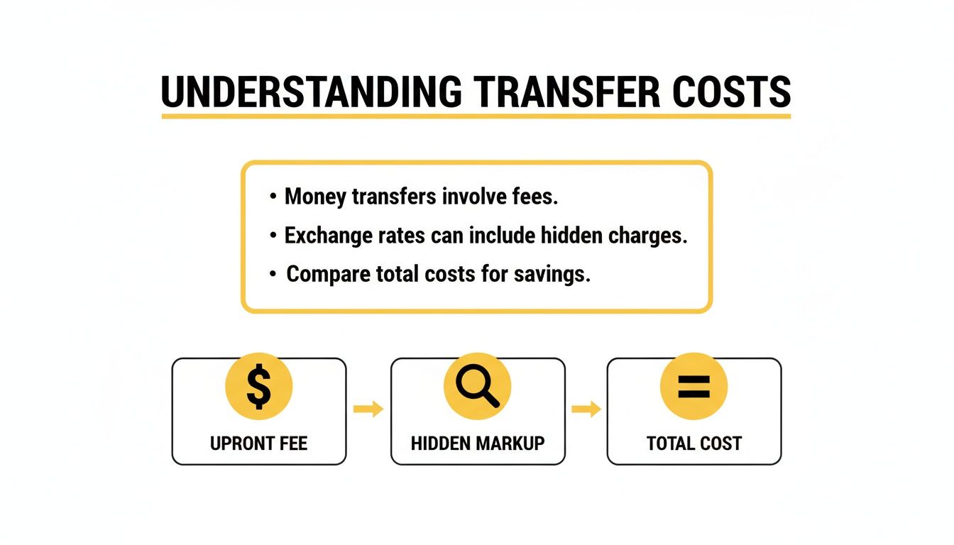 Infographic illustrating understanding transfer costs, showing upfront fees, hidden markups, and total cost breakdown.