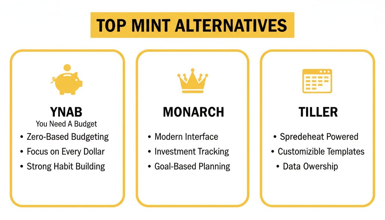 A comparative overview of top Mint alternatives, including YNAB, Monarch, and Tiller, detailing their core features.