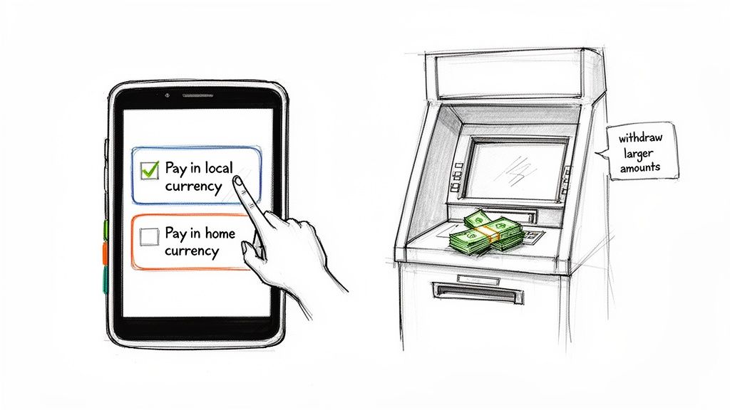 A smartphone displays options to pay in local or home currency, with local selected. An ATM dispenses large cash amounts.