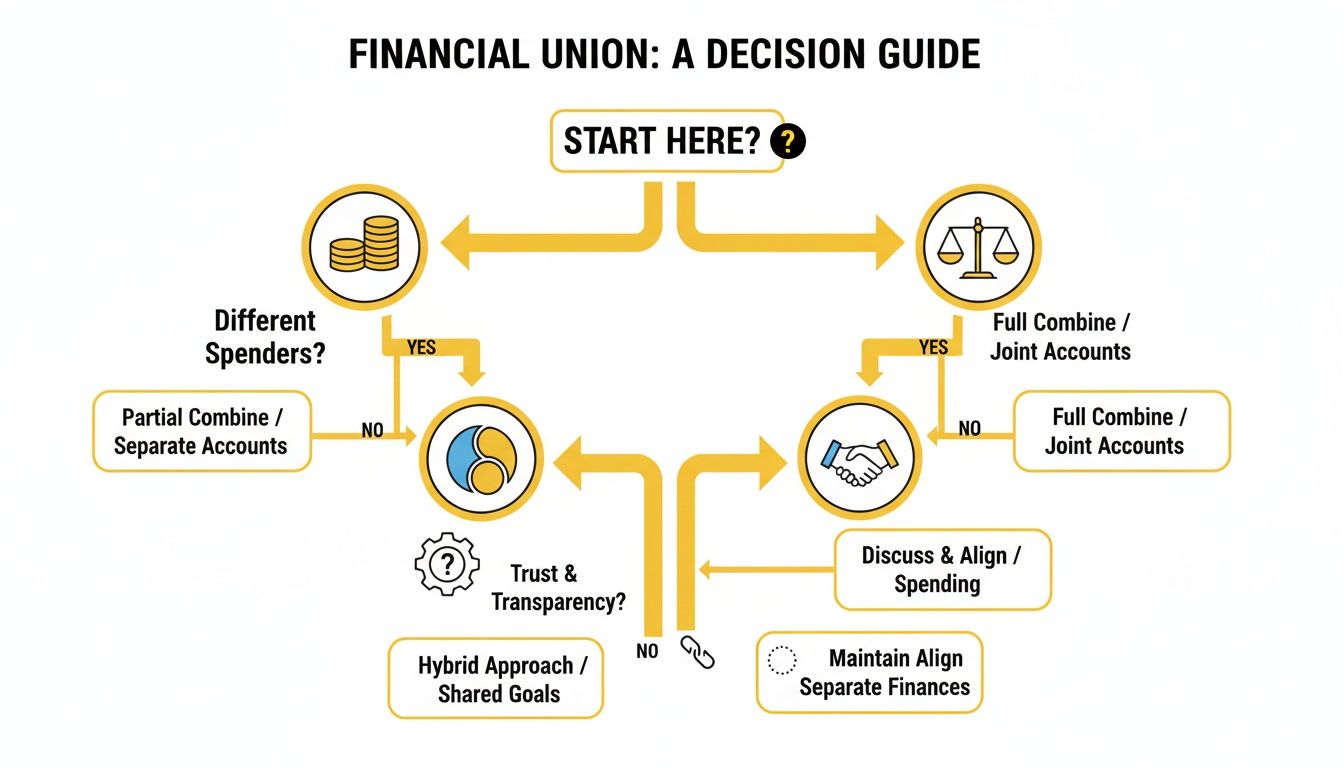 Flowchart: Financial union decision guide for couples, addressing spending, trust, and account combining options.