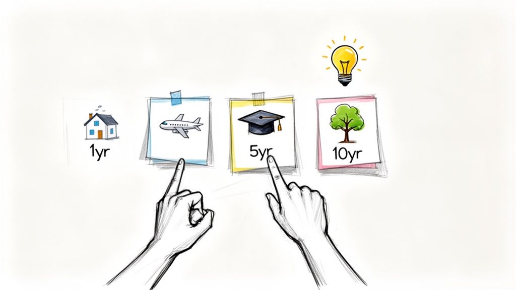 Hands point at cards with financial goals: house (1yr), airplane, graduation (5yr), and tree (10yr).