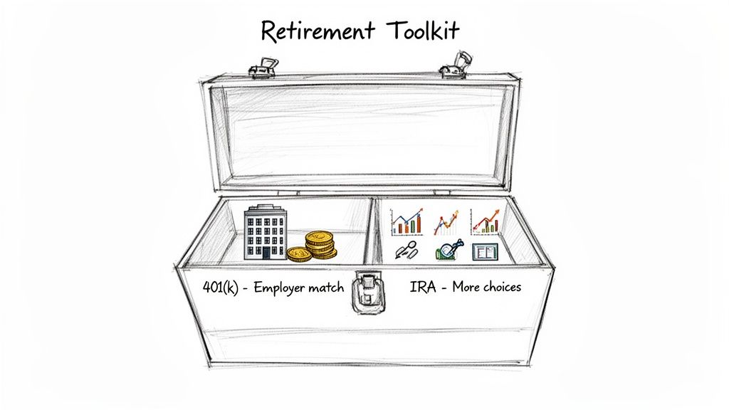 A &lsquo;Retirement Toolkit&rsquo; displays 401(k) with employer match and IRA with more investment choices.