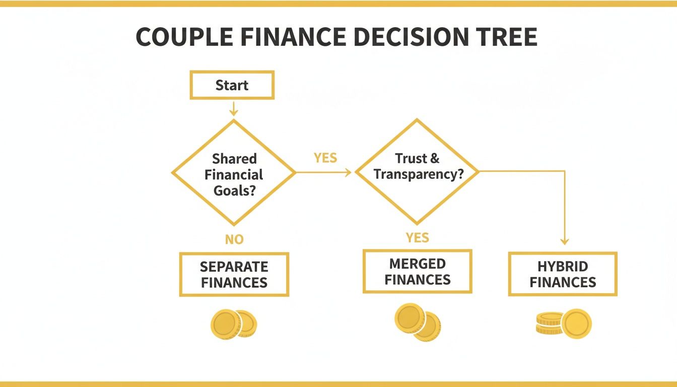 A couple finance decision tree flowchart guiding through separate, merged, or hybrid finances.