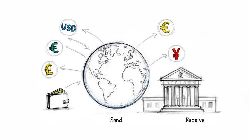 Illustration of global money transfer with different currencies flowing between a wallet, the world, and a bank.