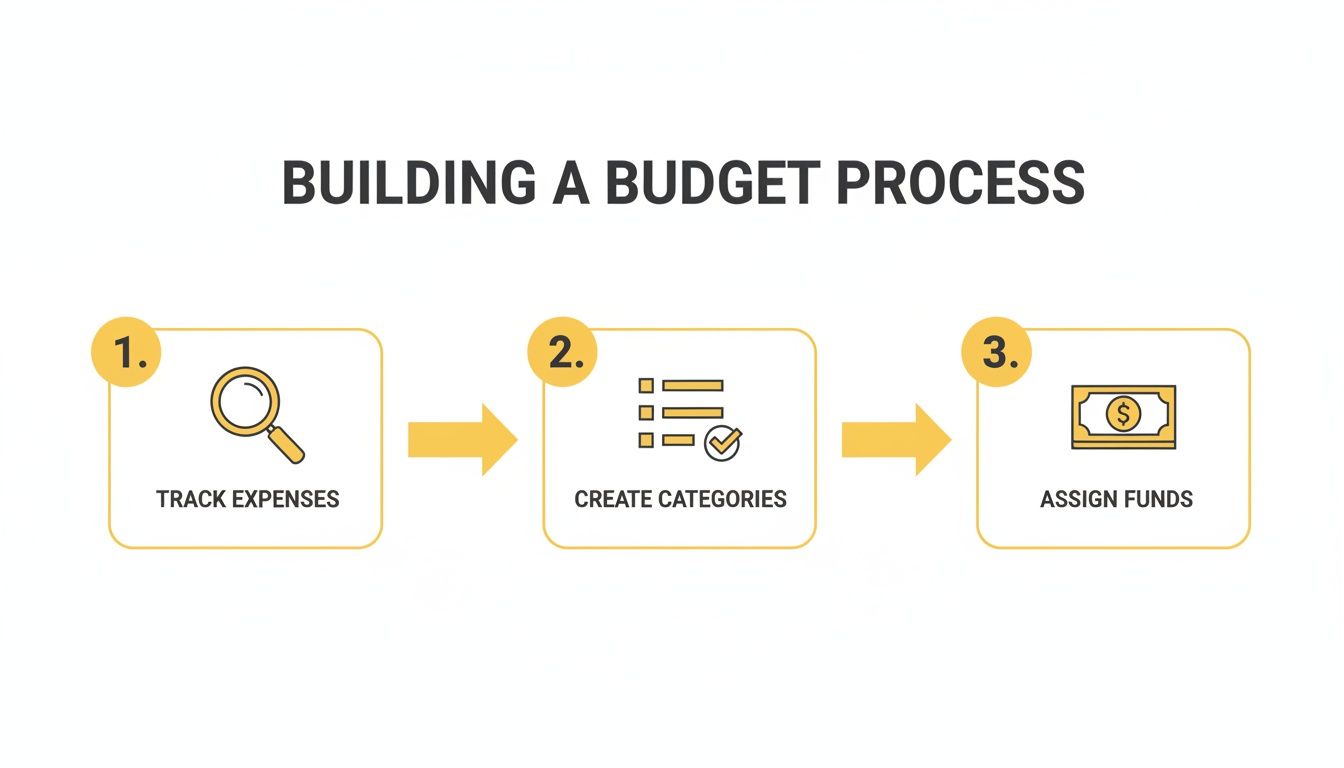 A three-step budget building process: track expenses, create categories, and assign funds, shown with icons.