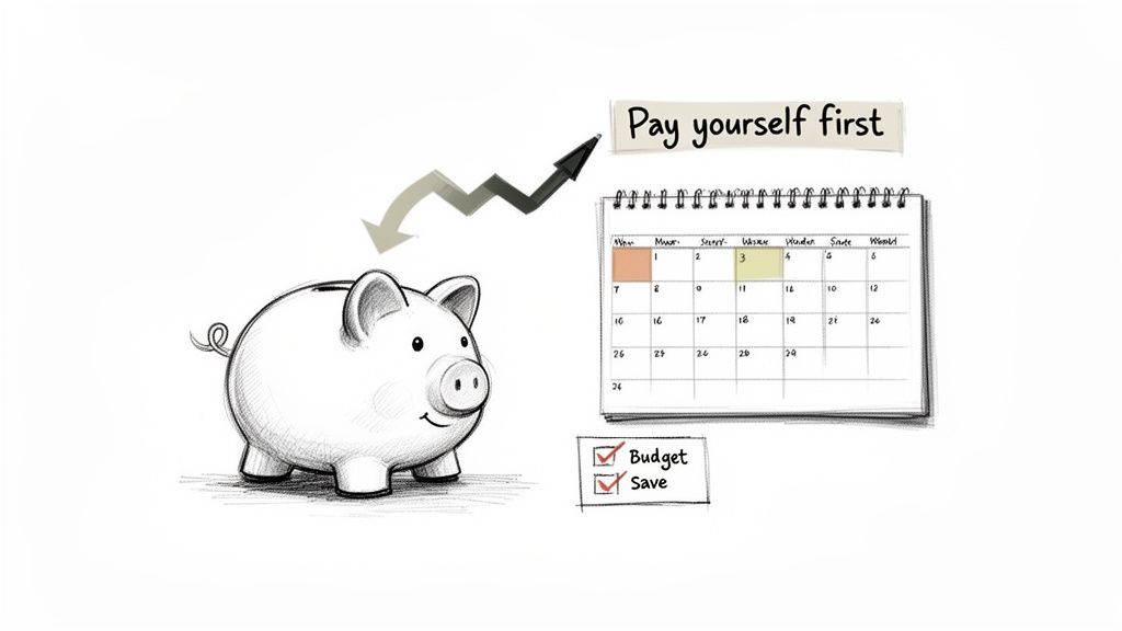 A sketch showing a piggy bank, a calendar, and a budget/save checklist, promoting the &lsquo;Pay yourself first&rsquo; concept for financial planning.