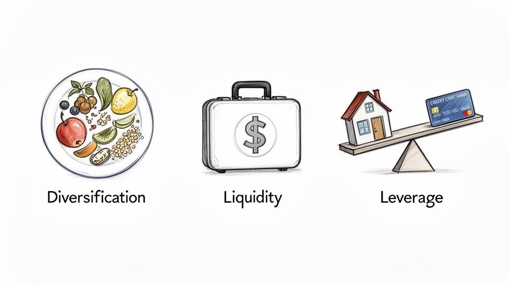 Illustrations depicting diversification with a food plate, liquidity with a dollar briefcase, and leverage with a house on a seesaw.
