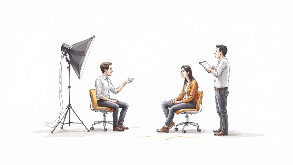 A film crew setting up camera equipment for a video case study production.