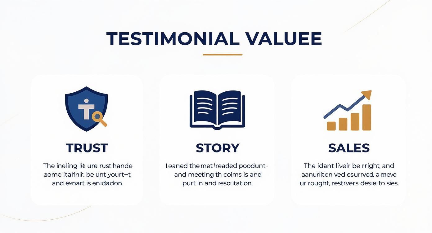 Infographic showcasing how trust, story, and sales are key elements of a valuable testimonial.