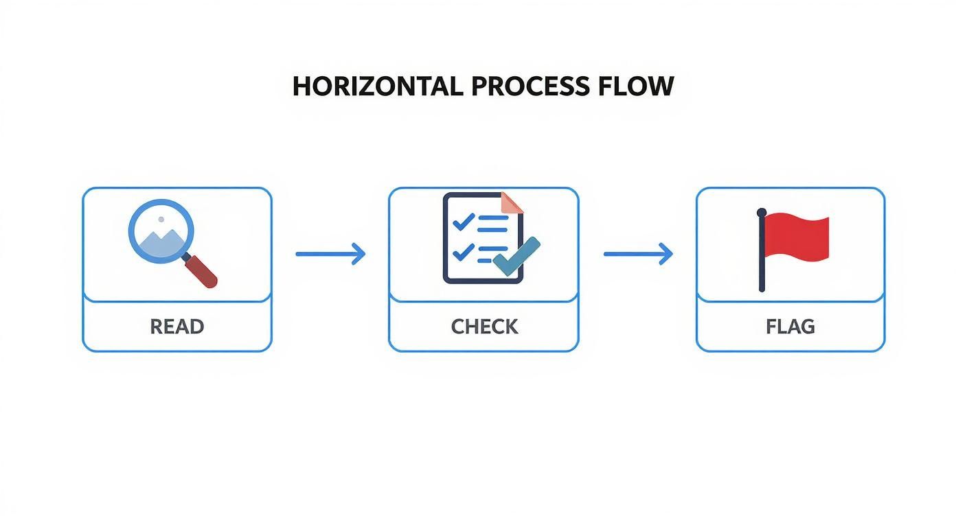 Infographic showing a a three-step process to remove a bad Google review: Read the review with a magnifying glass, Check it against a policy checklist, and Flag the review with a red flag icon.