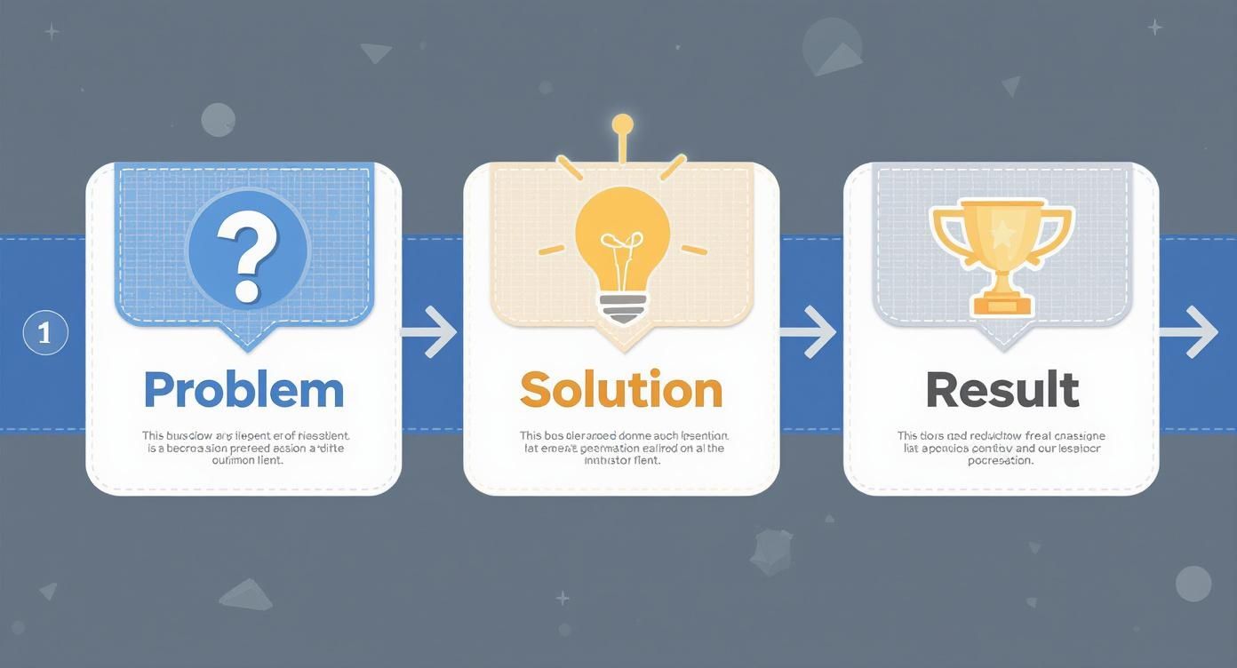 Infographic showing a 3-step process for powerful testimonials, from Problem to Solution to Result.