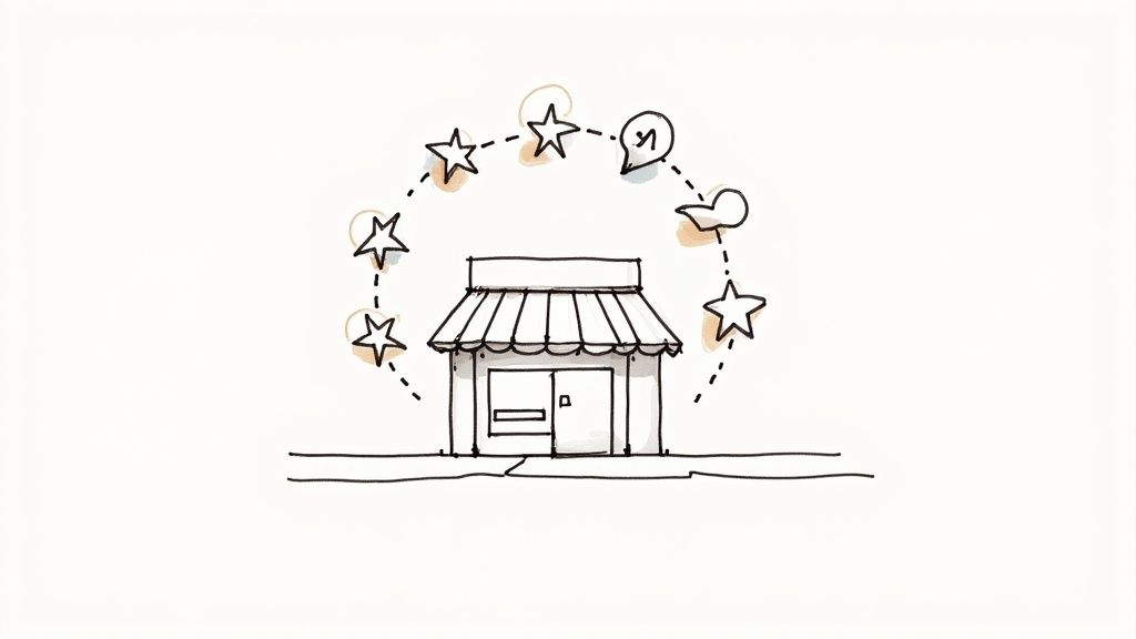 A person holding a smartphone showing a five-star review, with other happy customer icons in the background.