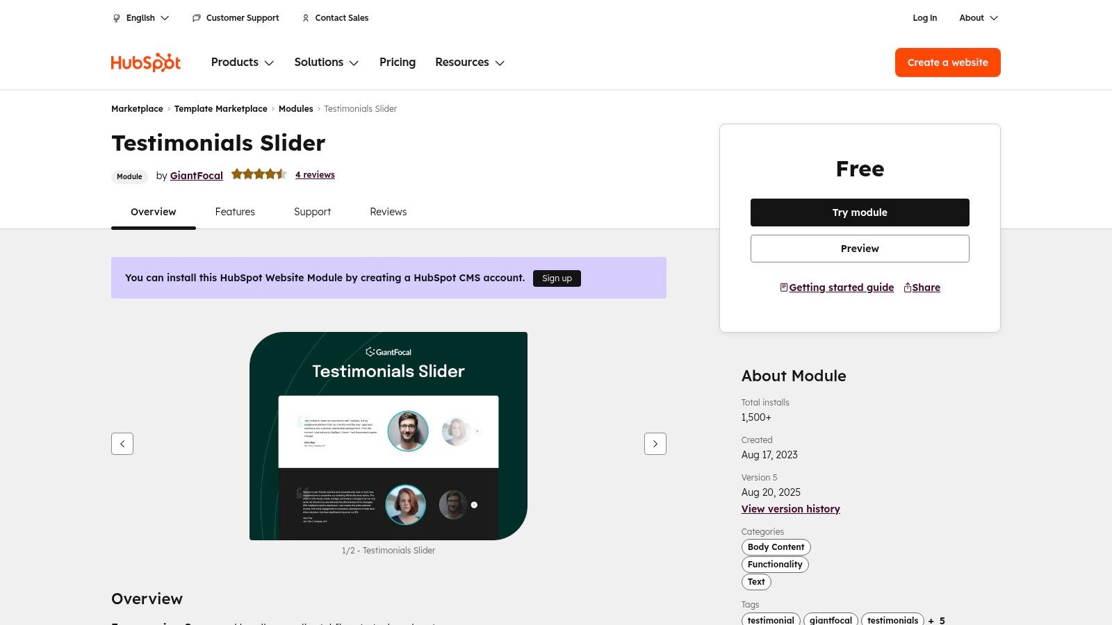 HubSpot Marketplace (Testimonial Modules) + HubSpot blog templates