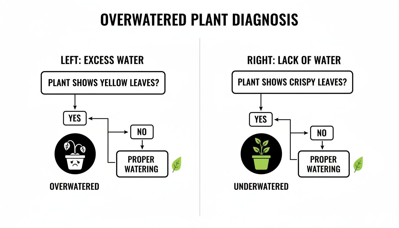Flowchart diagnosing overwatered vs. underwatered plants, showing yellow leaves for excess water and crispy leaves for lack of water.