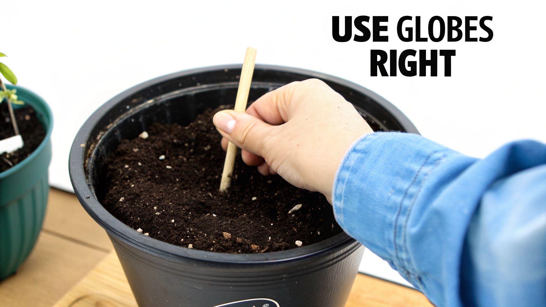 A person's hand uses a wooden stick to make a hole in potting soil within a black plant pot.