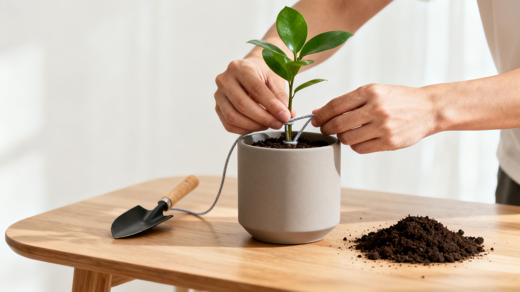 A person's hands securing a young plant in a grey pot with string, next to a shovel and soil.