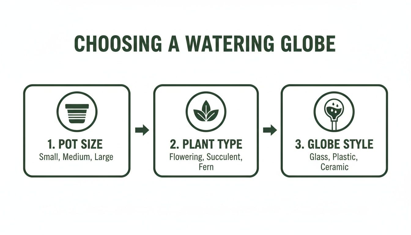Flowchart showing how to choose a watering globe based on pot size, plant type, and globe style.