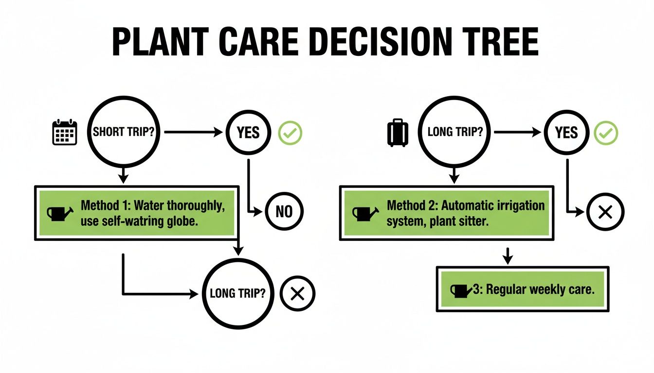Plant care decision tree detailing watering methods for plants during short or long trips away.