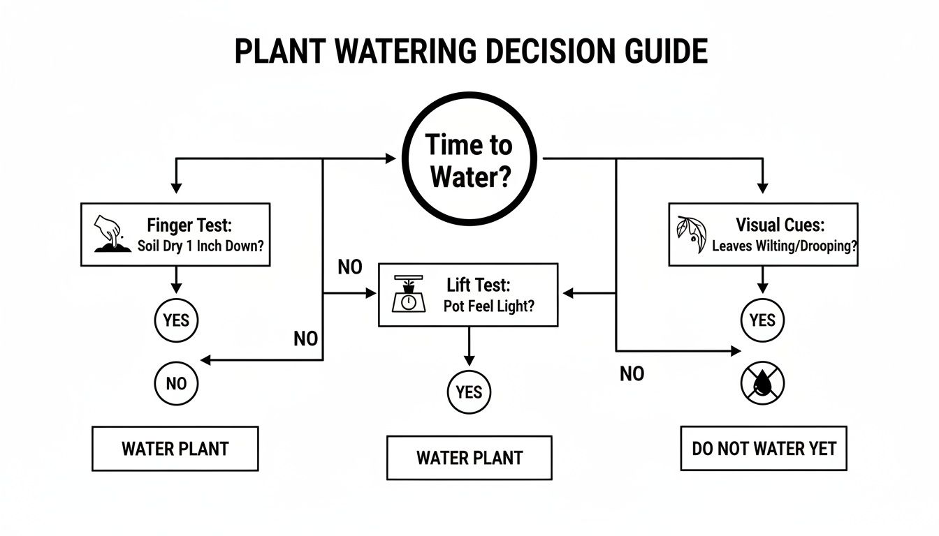 A flowchart guiding plant owners on when to water plants using finger test, lift test, and visual cues.