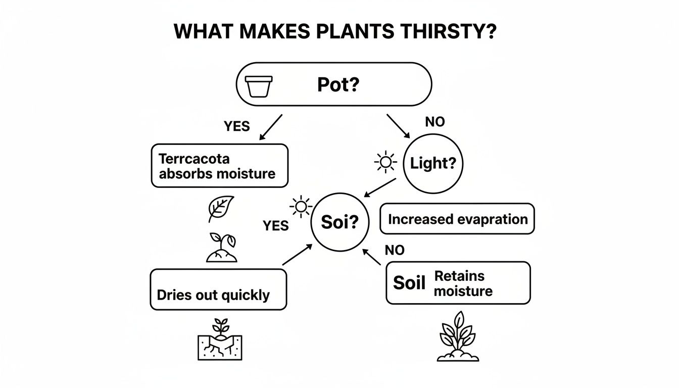 A flowchart diagram explaining what makes plants thirsty, detailing pot material, light exposure, and soil type.