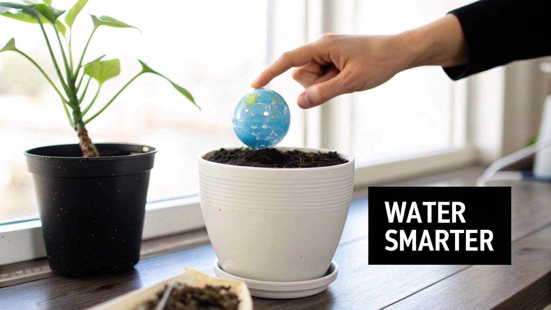 A hand gently places a miniature Earth globe into a white potted plant, with "WATER SMARTER" text.