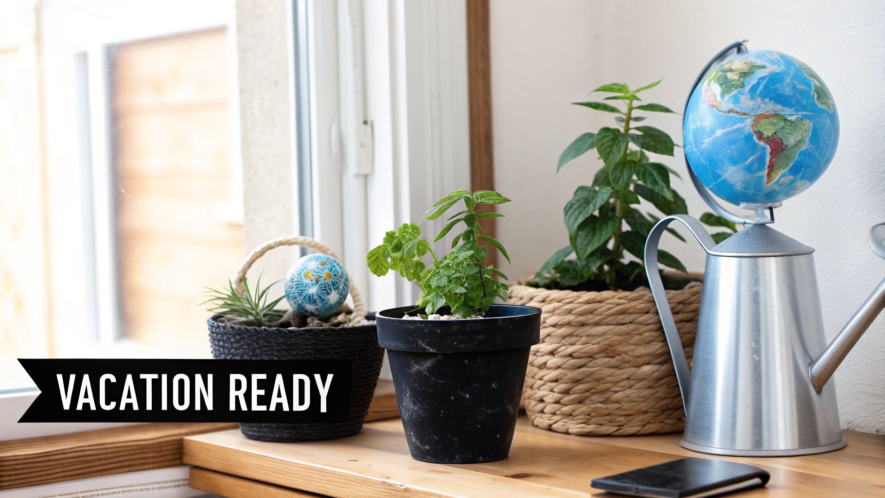 Potted plants and a globe on a watering can on a wooden shelf, signifying vacation readiness.
