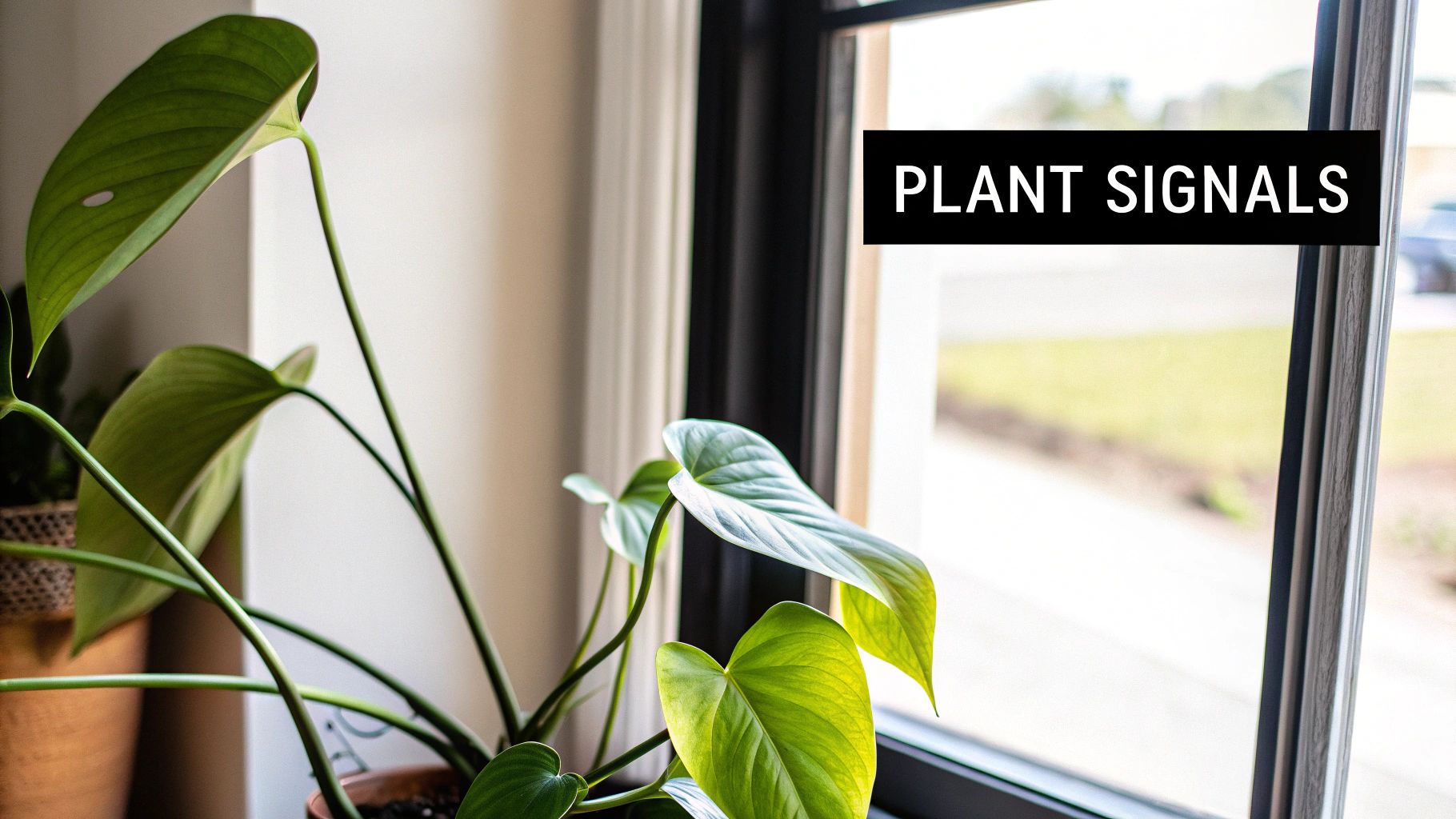A houseplant with large green leaves by a window, featuring a "PLANT SIGNALS" text overlay.