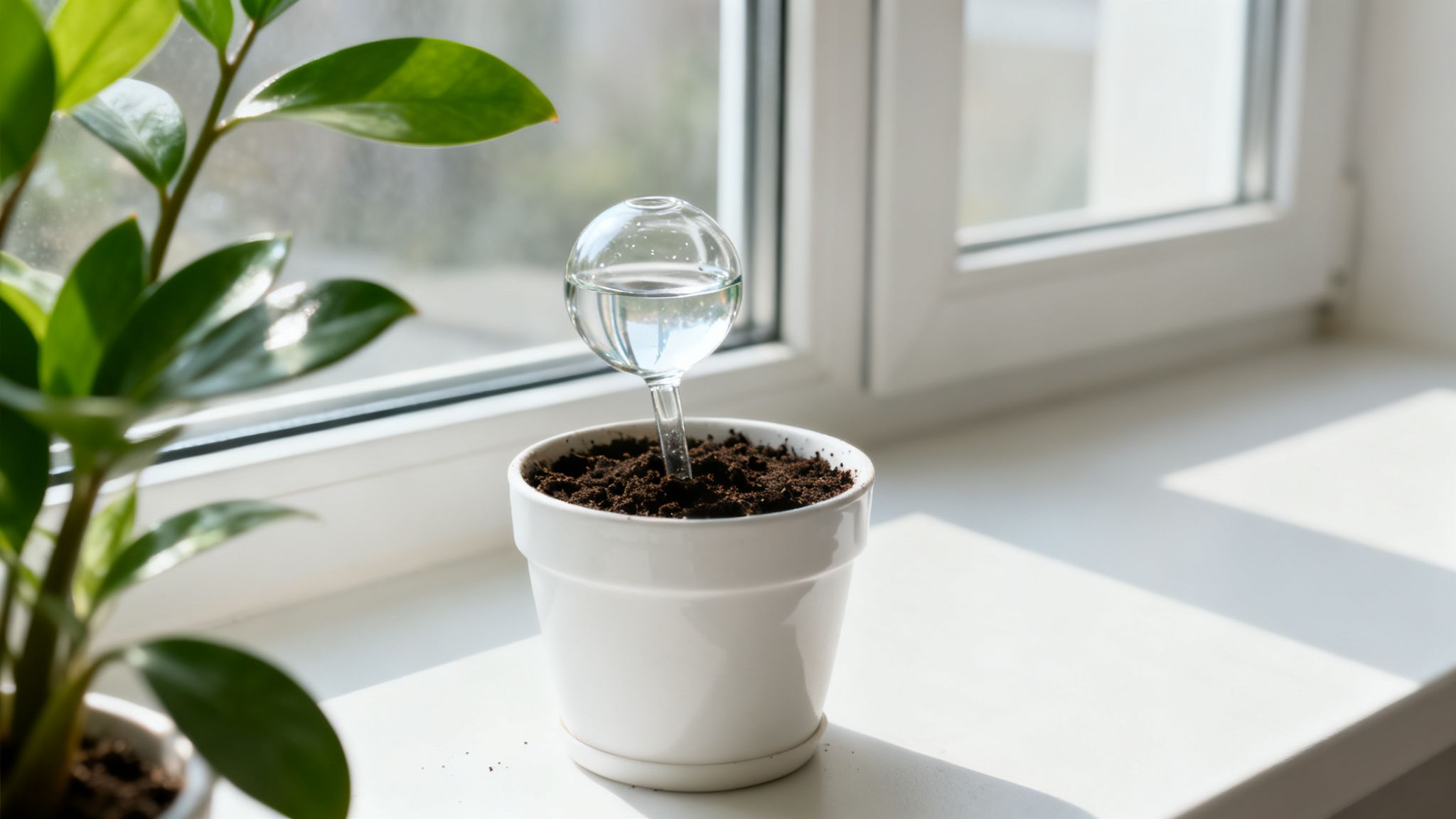 A clear glass watering globe filled with water in a a white potted plant on a sunny windowsill.