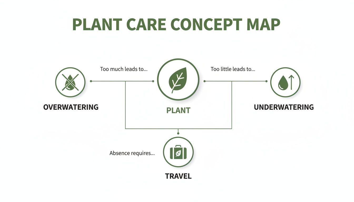 A concept map illustrating plant care, showing overwatering, underwatering, and travel considerations for plant health.