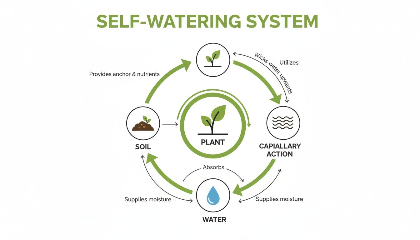 Diagram illustrating the continuous cycle of a self-watering system for plants, soil, capillary action, and water.