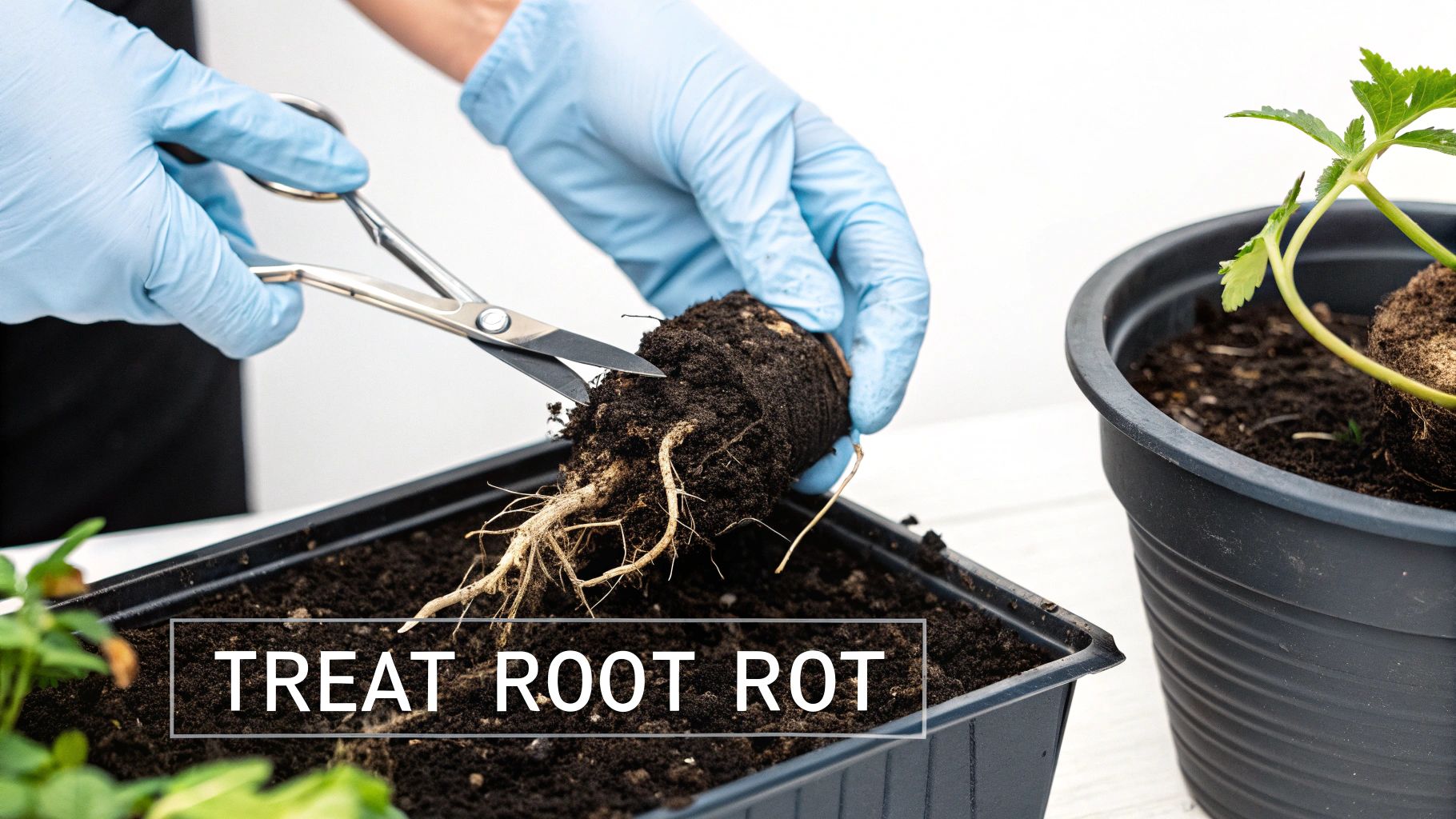 A person in blue gloves uses scissors to trim roots of a small plant, treating root rot.