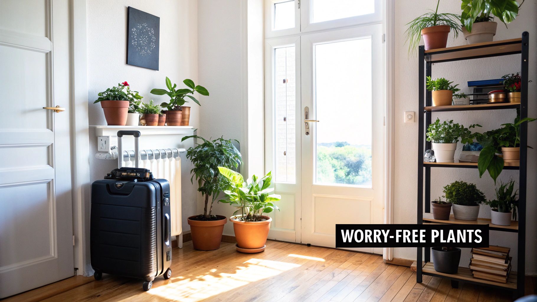 A bright room filled with various potted houseplants and a black suitcase, suggesting travel.