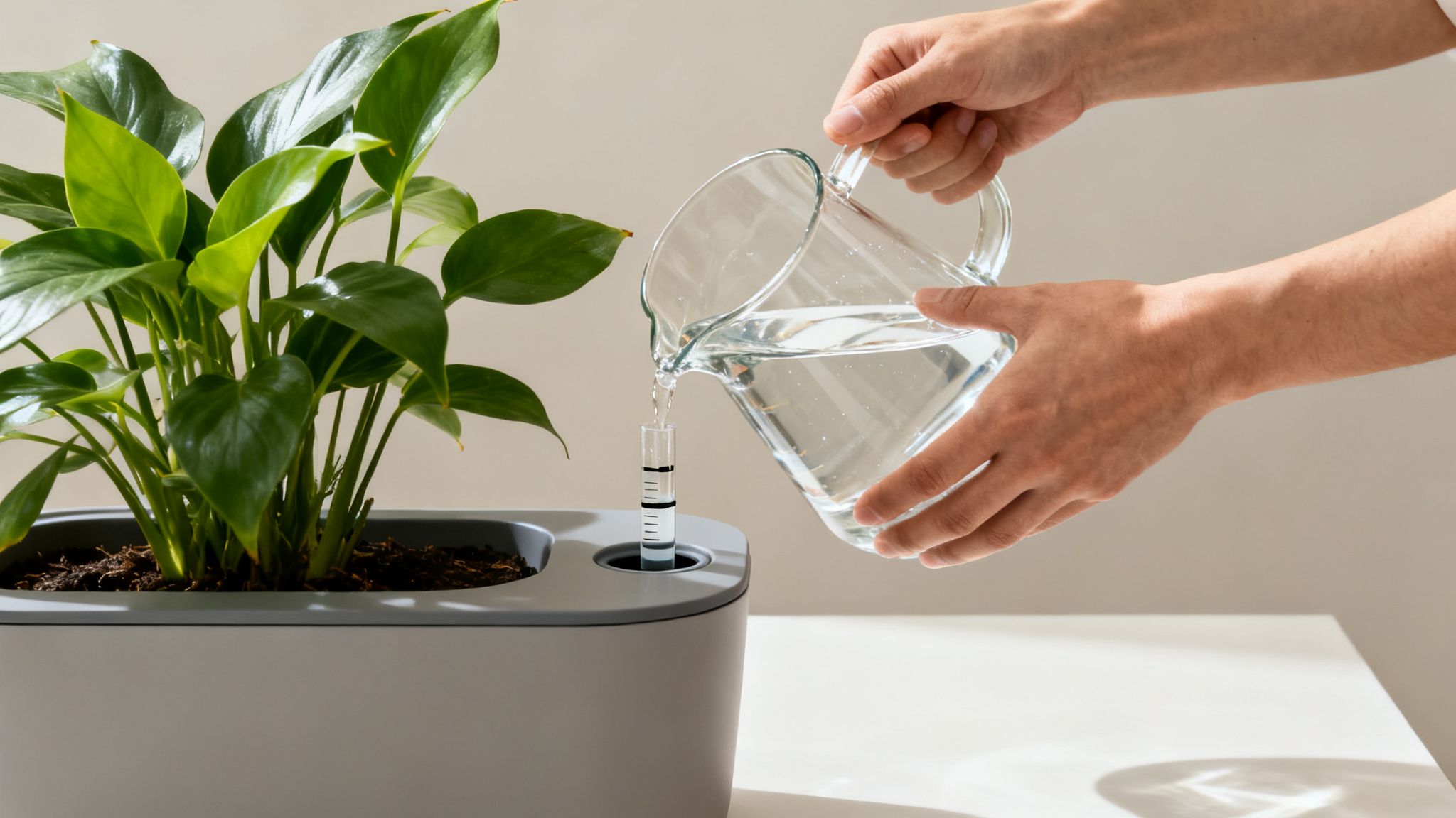 Hands pour water from a glass pitcher into a modern self-watering planter with a green plant.