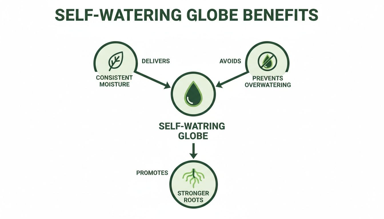 Diagram illustrating the benefits of a self-watering globe, including consistent moisture and prevention of overwatering, leading to stronger roots.
