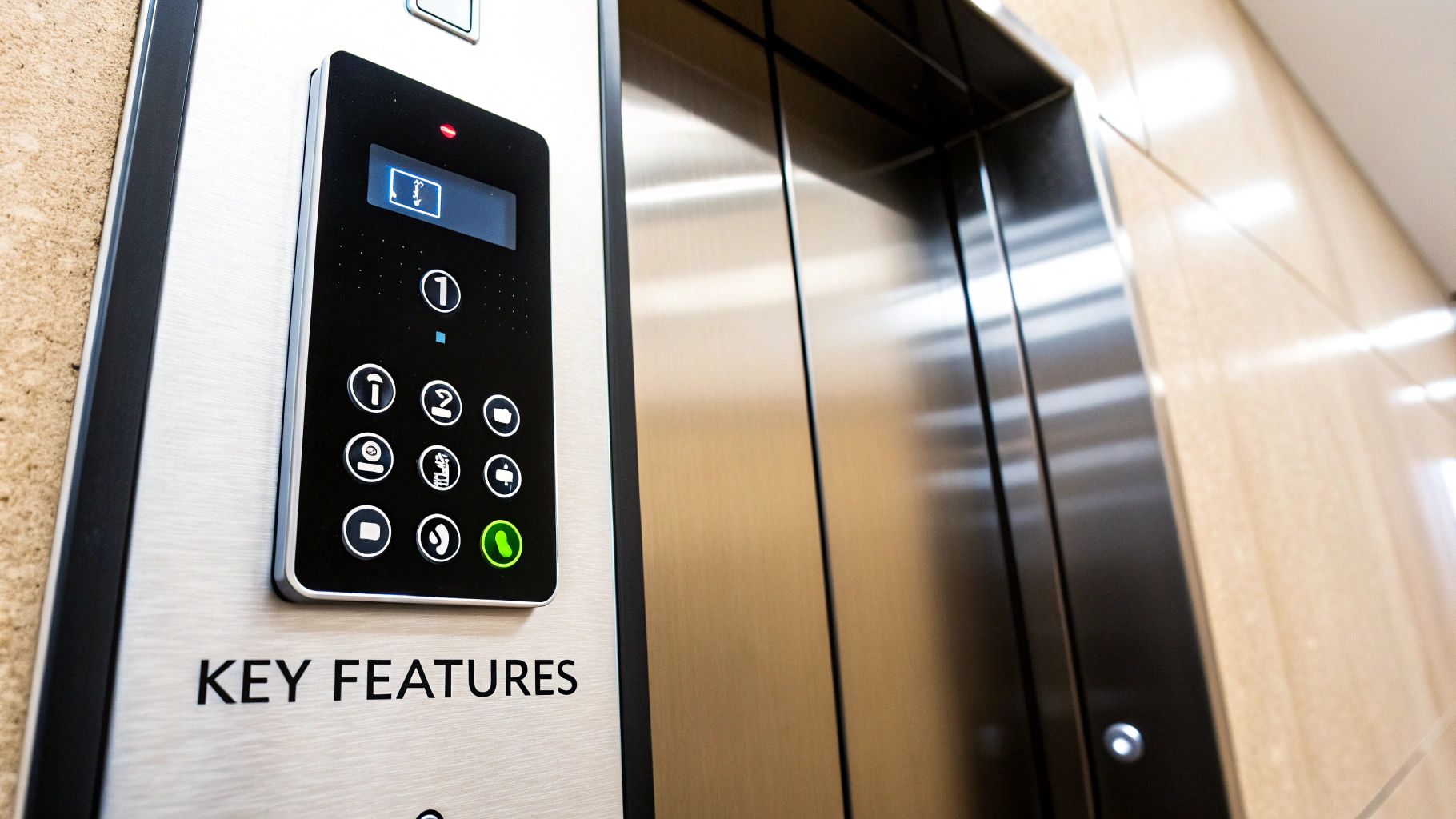 Elevator control panel with a digital display showing a phone icon and various buttons, including a green one.