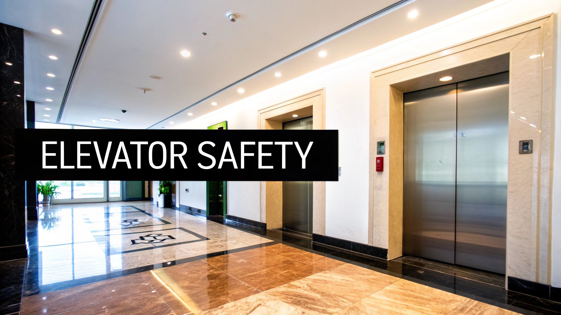 A bright, modern elevator lobby with two stainless steel elevators and shiny marble floors. 'ELEVATOR SAFETY' text is overlaid.