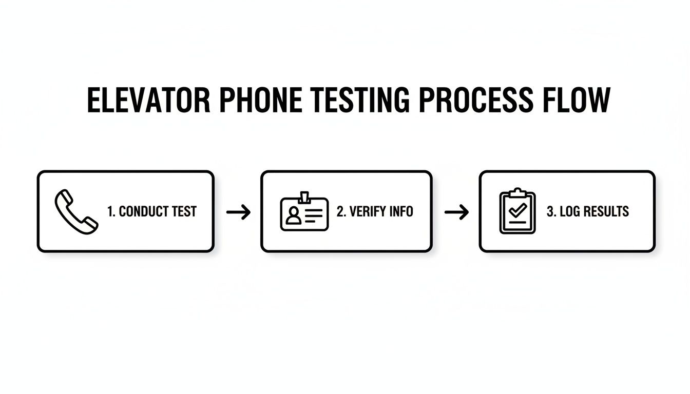 A three-step process flow diagram titled 'Elevator Phone Testing Process Flow', showing conduct test, verify info, and log results.