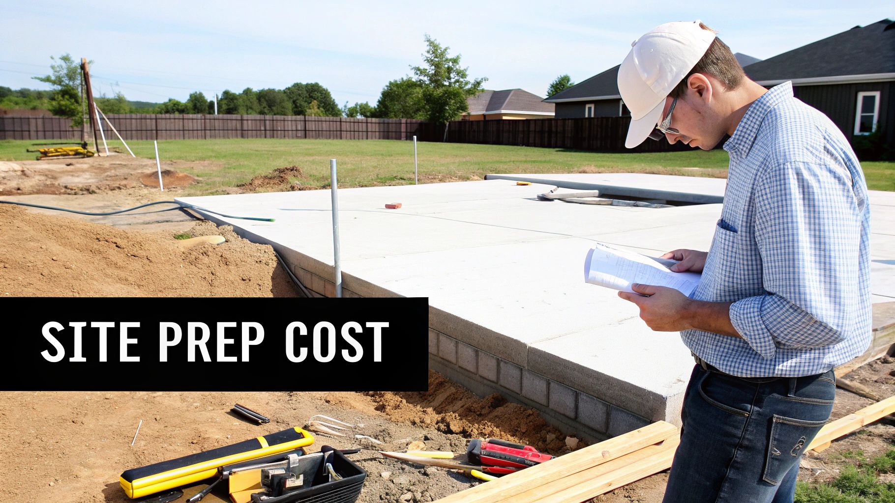 A construction manager reviews documents on a building site with a new concrete foundation and tools.